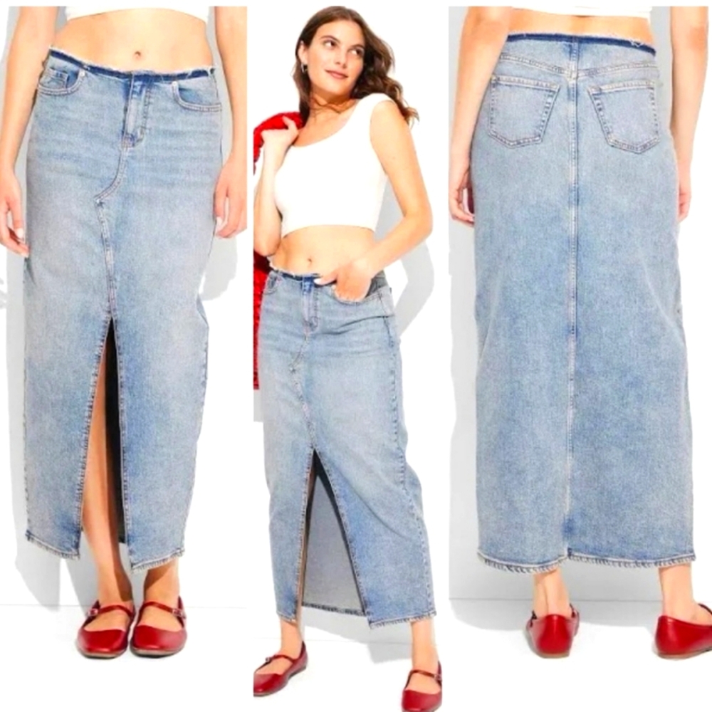 wild fable Light Wash Denim Maxi Skirt with Front Slit